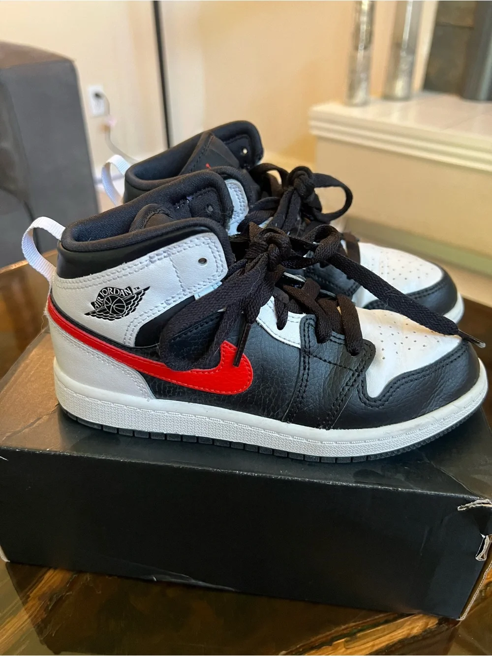 Jordan Kids Black, White & Red High-Top Sneakers - Picture 2 of 6